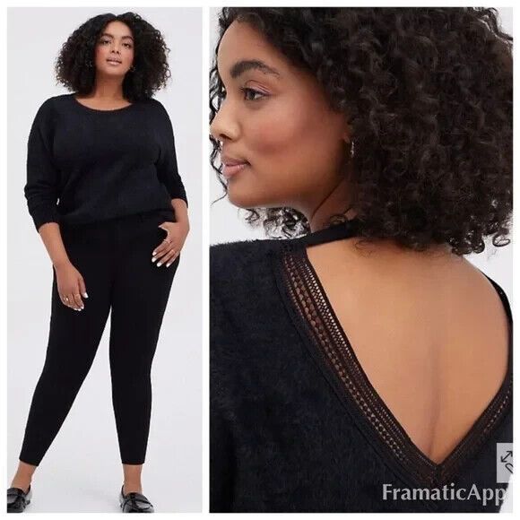 torrid Sweaters - NWT Torrid Crochet Trim Drop Shoulder Fuzzy Pullover Sweater 4X Black Open Back